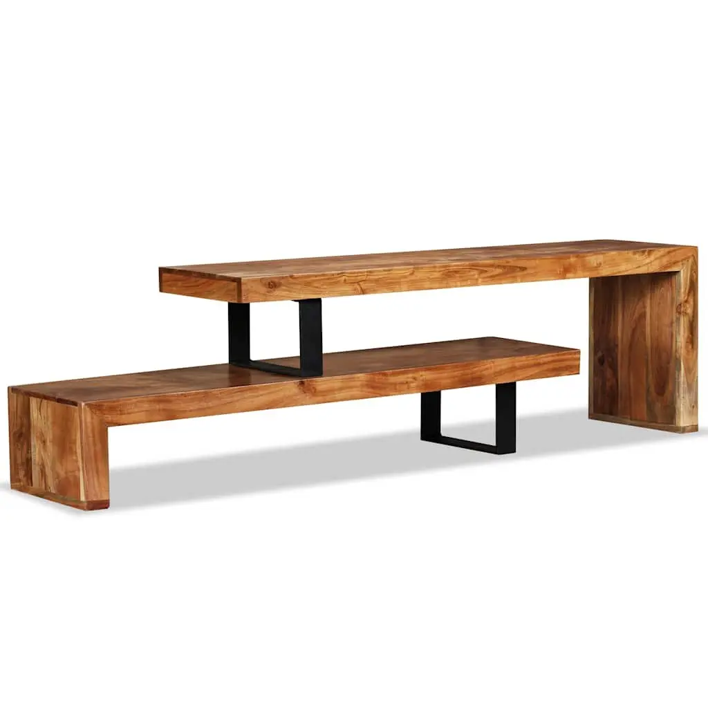 Wooden TV Stand Retro 2-Tier Stackable Cabinet Solid Acacia Wood Brown