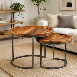 Vintage Accent Side Table Set of 2 in Solid Mango Wood