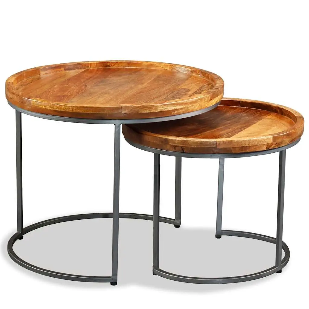 Side Table Set Industrial Vintage 2 Piece Solid Mango Wood Accent End Tables