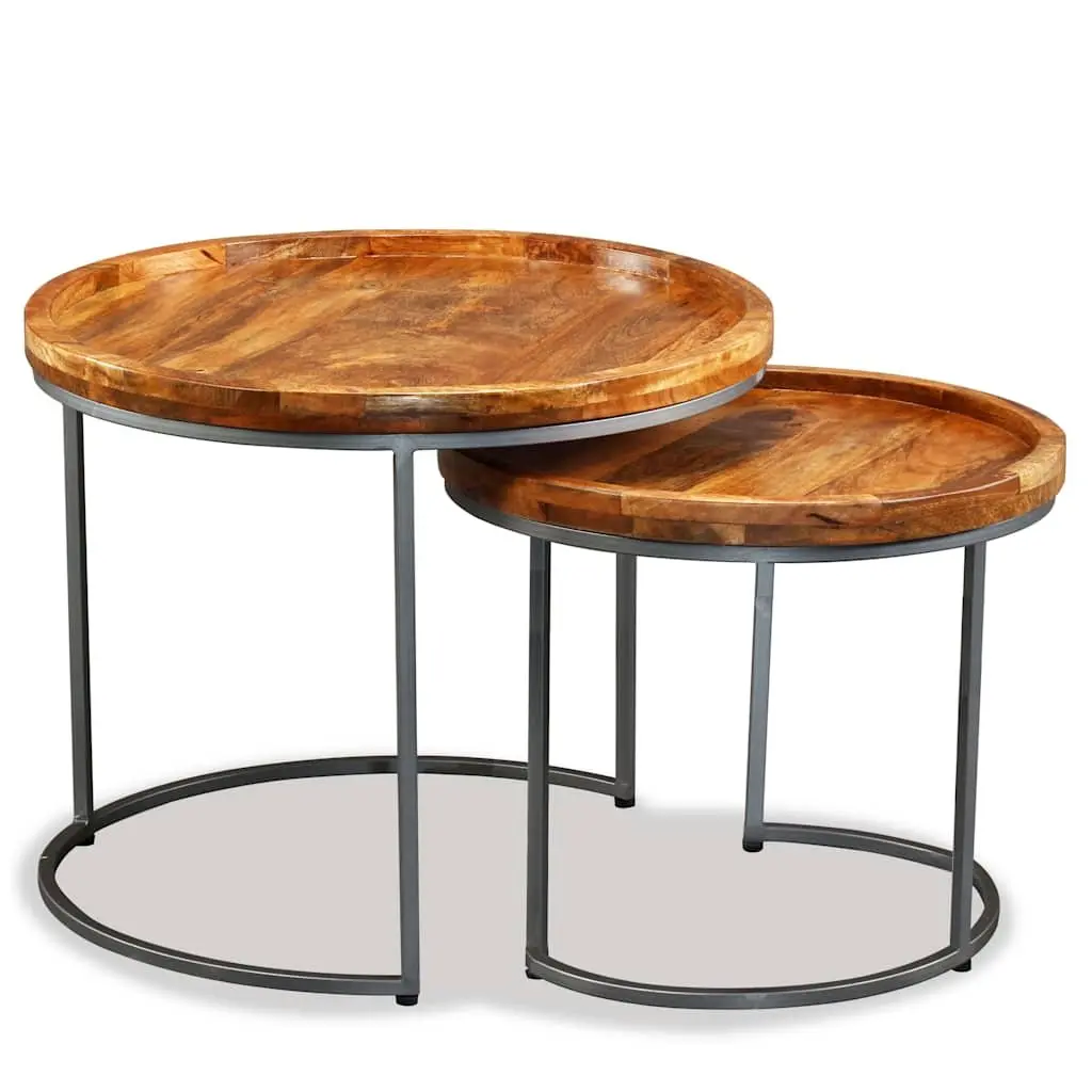 Side Table Set Industrial Vintage 2 Piece Solid Mango Wood Accent End Tables