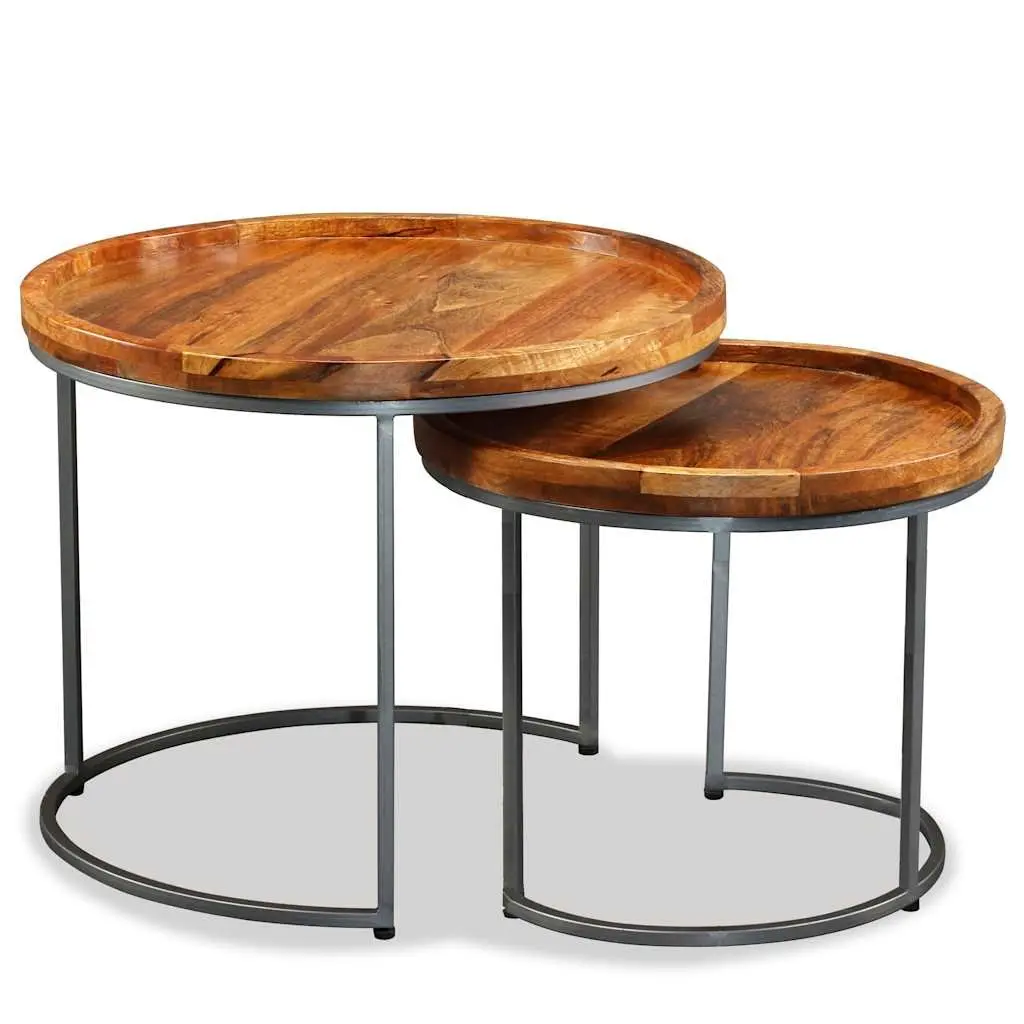 Side Table Set Industrial Vintage 2 Piece Solid Mango Wood Accent End Tables