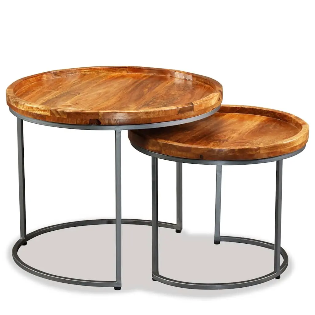 Side Table Set Industrial Vintage 2 Piece Solid Mango Wood Accent End Tables