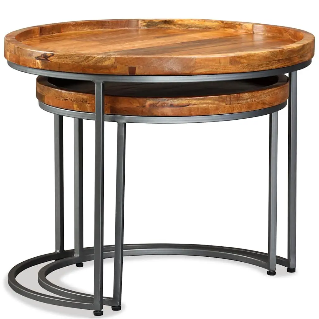 Side Table Set Industrial Vintage 2 Piece Solid Mango Wood Accent End Tables