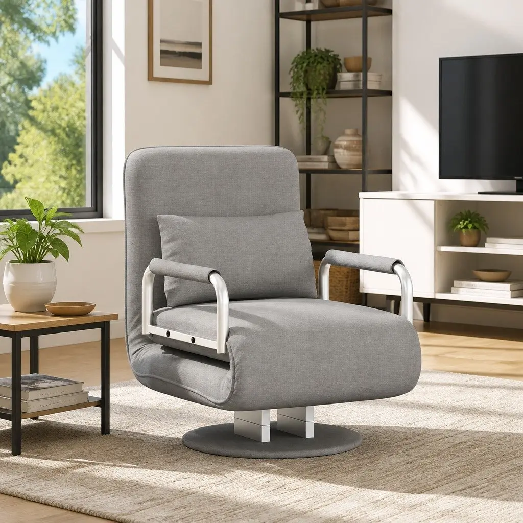Grey Fabric Reclining Convertible Sofa Bed Swivel Chair Chaise Lounge