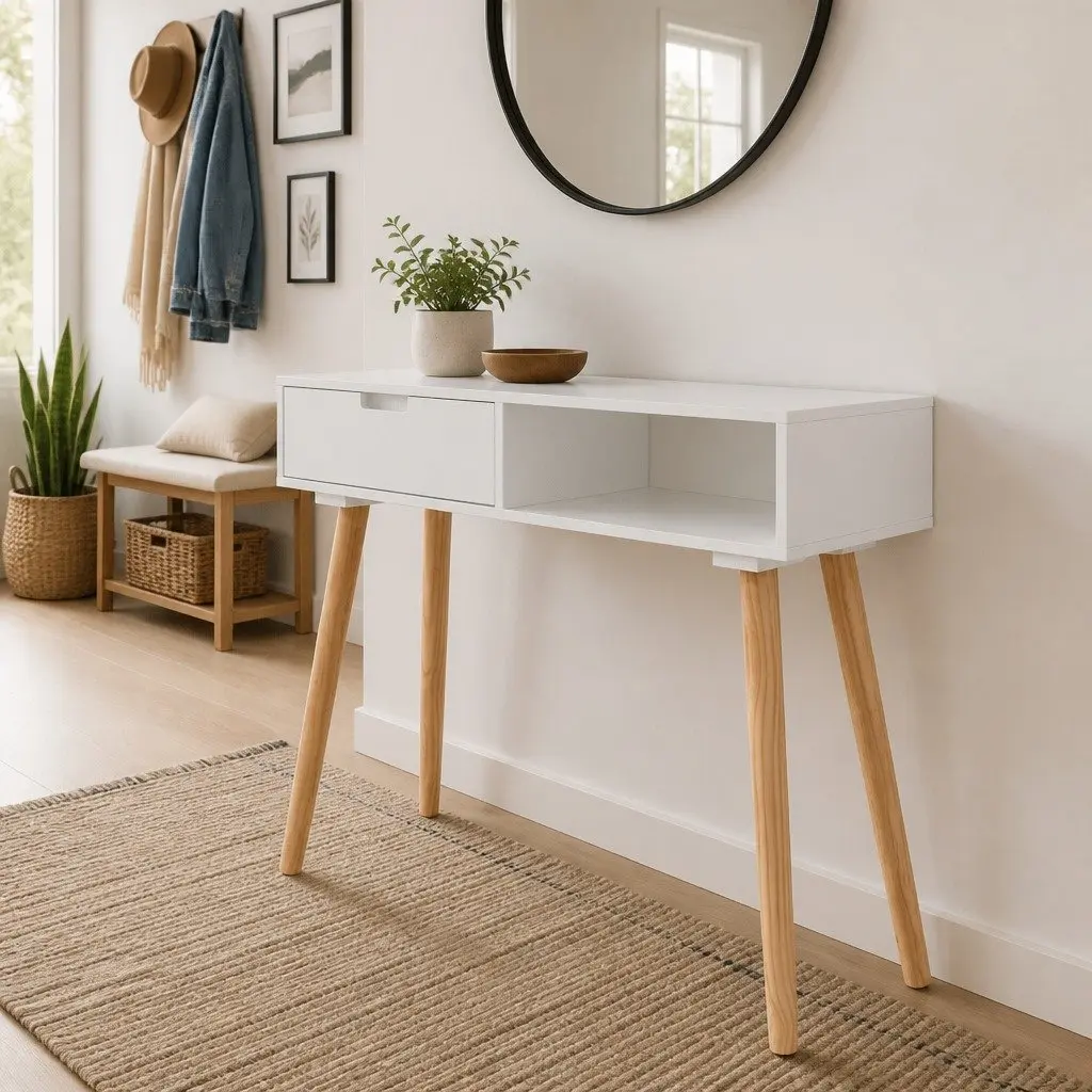 White Pinewood Console Table with Drawer Storage
