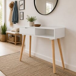 White Pinewood Console Table with Drawer Storage