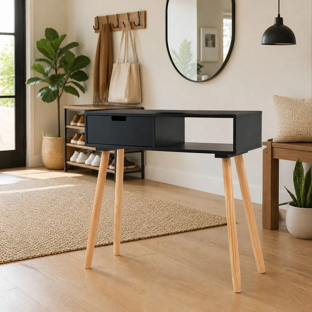 Black Console Table Solid Pinewood 80 x 30 x 72 cm MDF Top