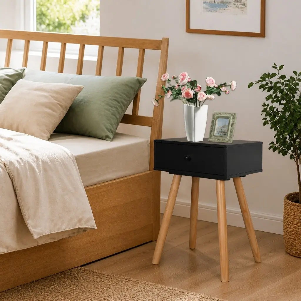Bedside Tables 2 pcs Solid Pinewood Nightstands Black Bedroom Furniture Drawers