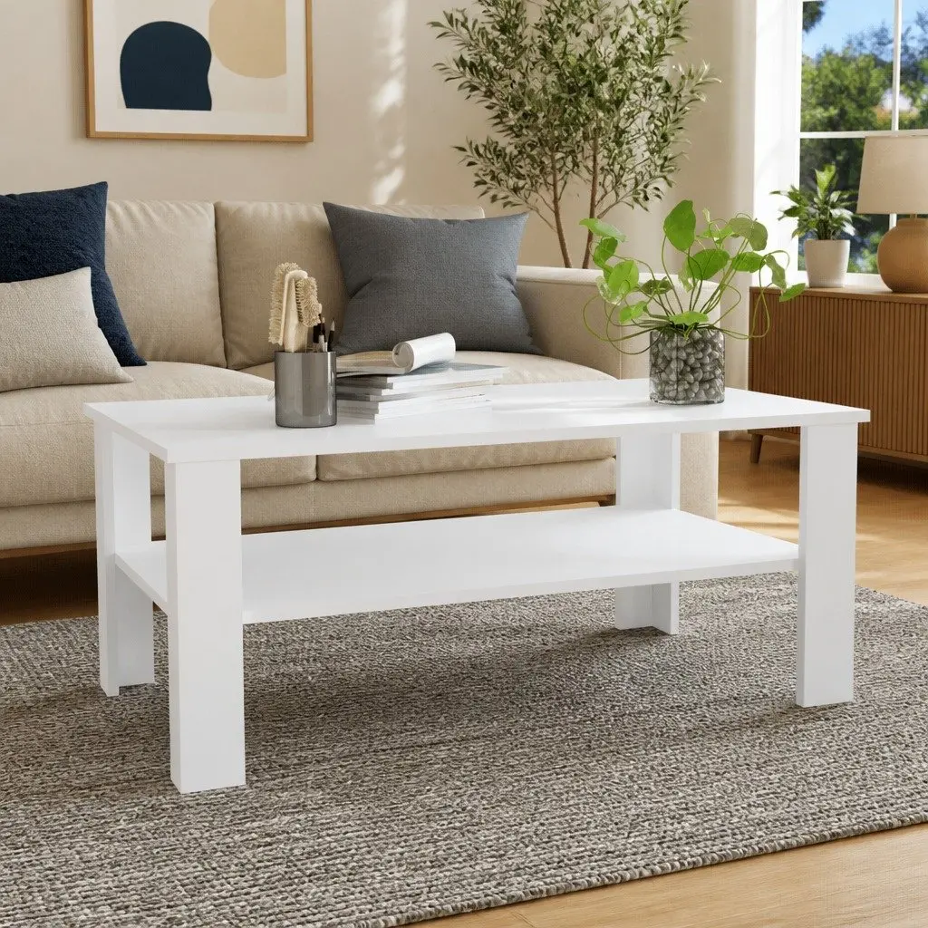 Coffee Table White Modern Two-Tier 100 x 59 x 42 cm Engineered Wood