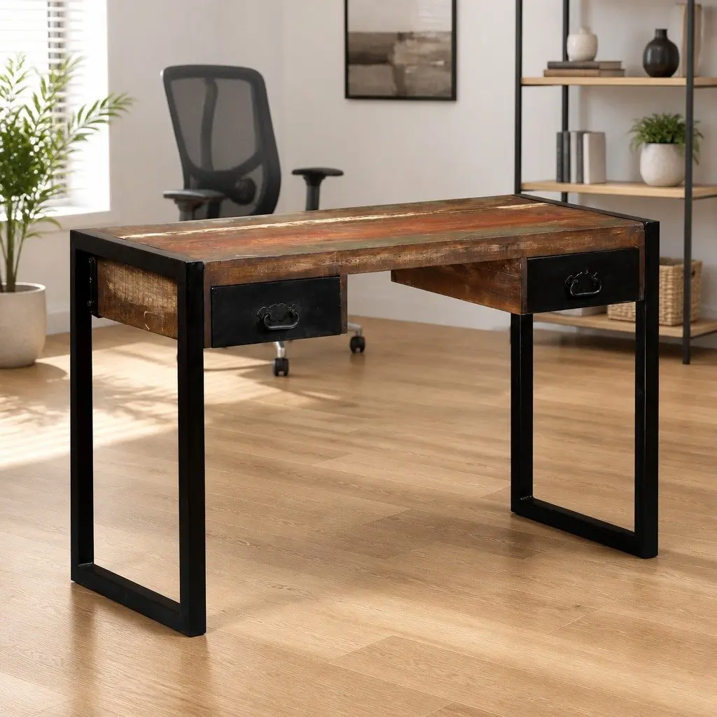 Solid Reclaimed Wood Desk with 2 Drawers for Home Office
