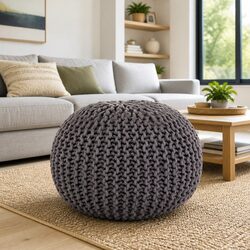 Hand-Knitted Pouffe Footstool in Grey Cotton 50x35cm