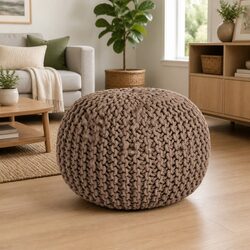 Cozy Hand-Knitted Cotton Pouffe Footstool in Brown