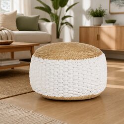 Comfortable Woven Pouffe Footstool in White 50x35cm
