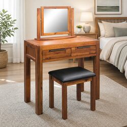 Rustic Acacia Wood Dressing Table with Mirror and Stool