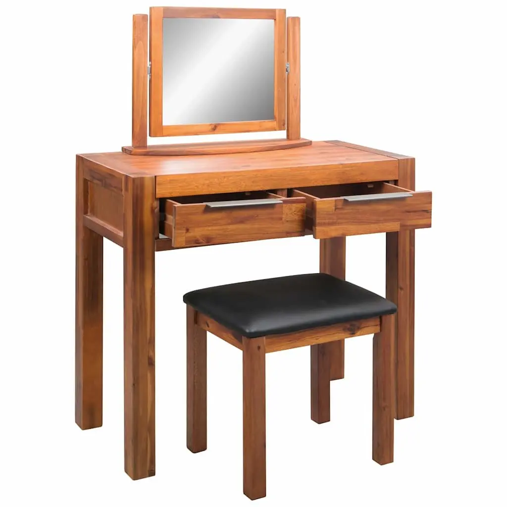 Dressing Table Solid Acacia Wood Brown Vanity Unit with Mirror and Stool
