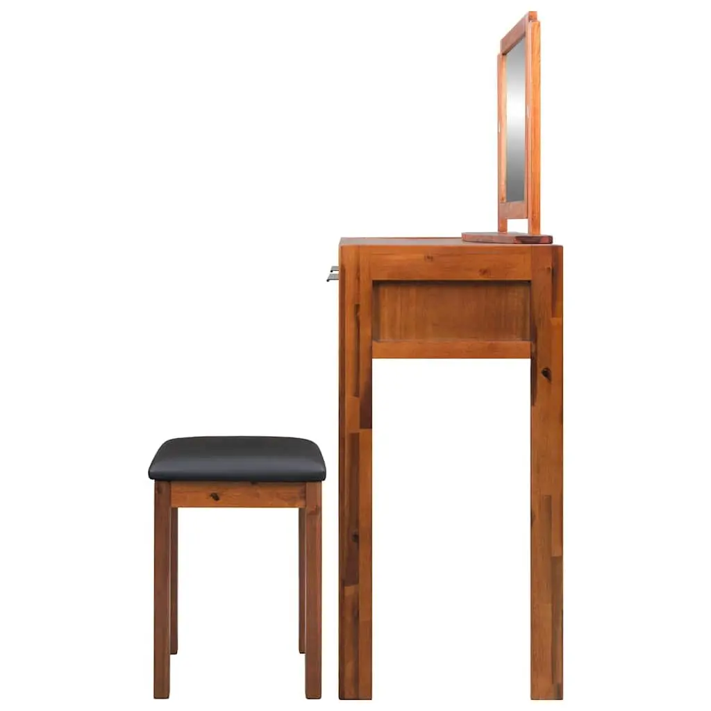 Dressing Table Solid Acacia Wood Brown Vanity Unit with Mirror and Stool