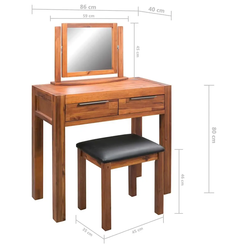 Dressing Table Solid Acacia Wood Brown Vanity Unit with Mirror and Stool
