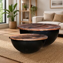 Industrial Bowl-Shaped Coffee Table Set in Black