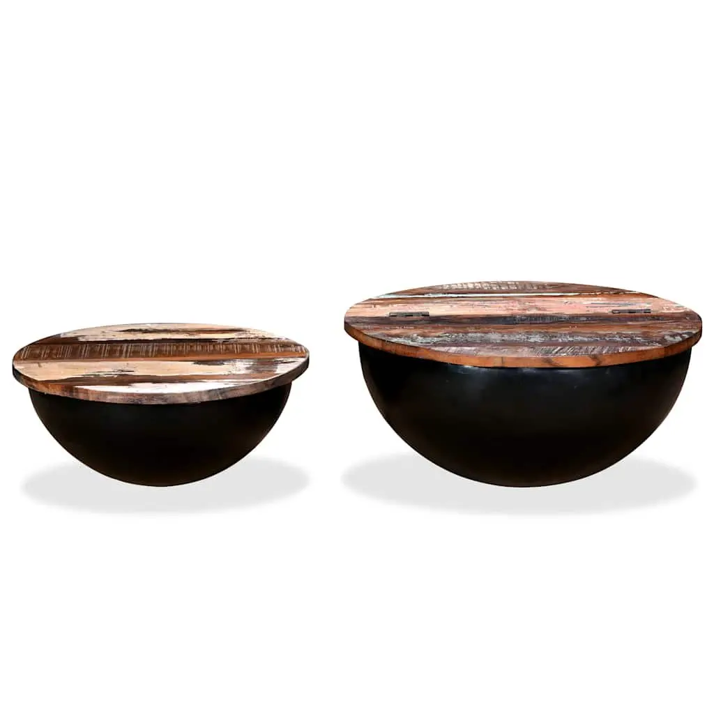 Coffee Table Set 2 Pieces Black Industrial Bowl Shape Solid Reclaimed Wood