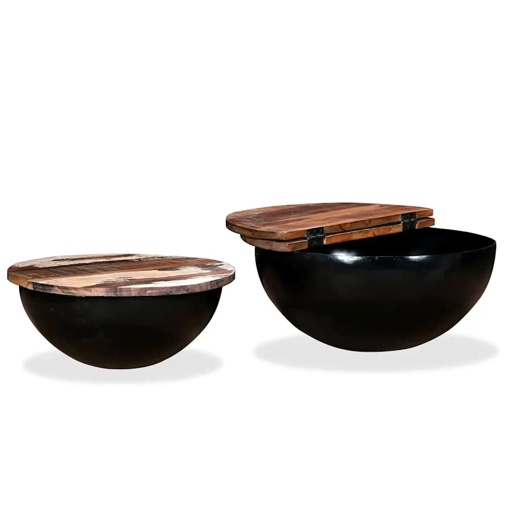 Coffee Table Set 2 Pieces Black Industrial Bowl Shape Solid Reclaimed Wood