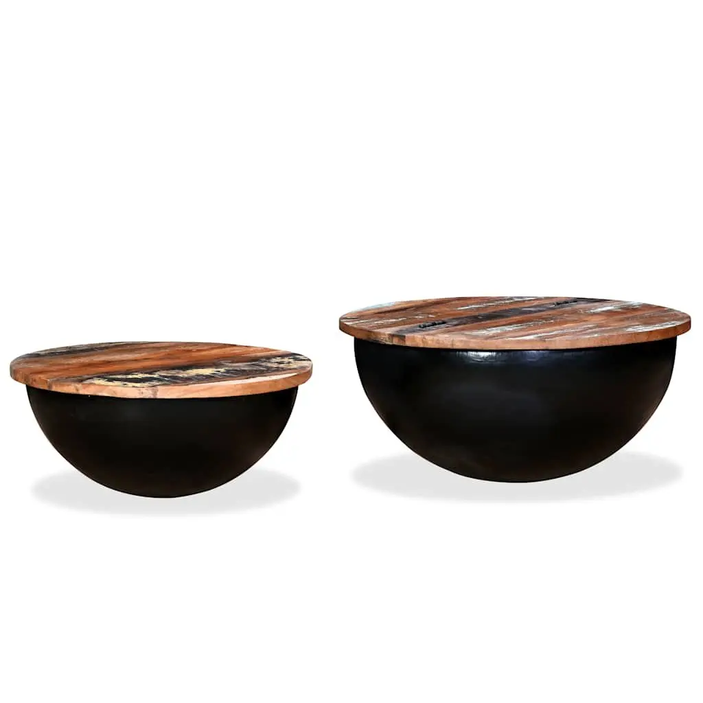 Coffee Table Set 2 Pieces Black Industrial Bowl Shape Solid Reclaimed Wood