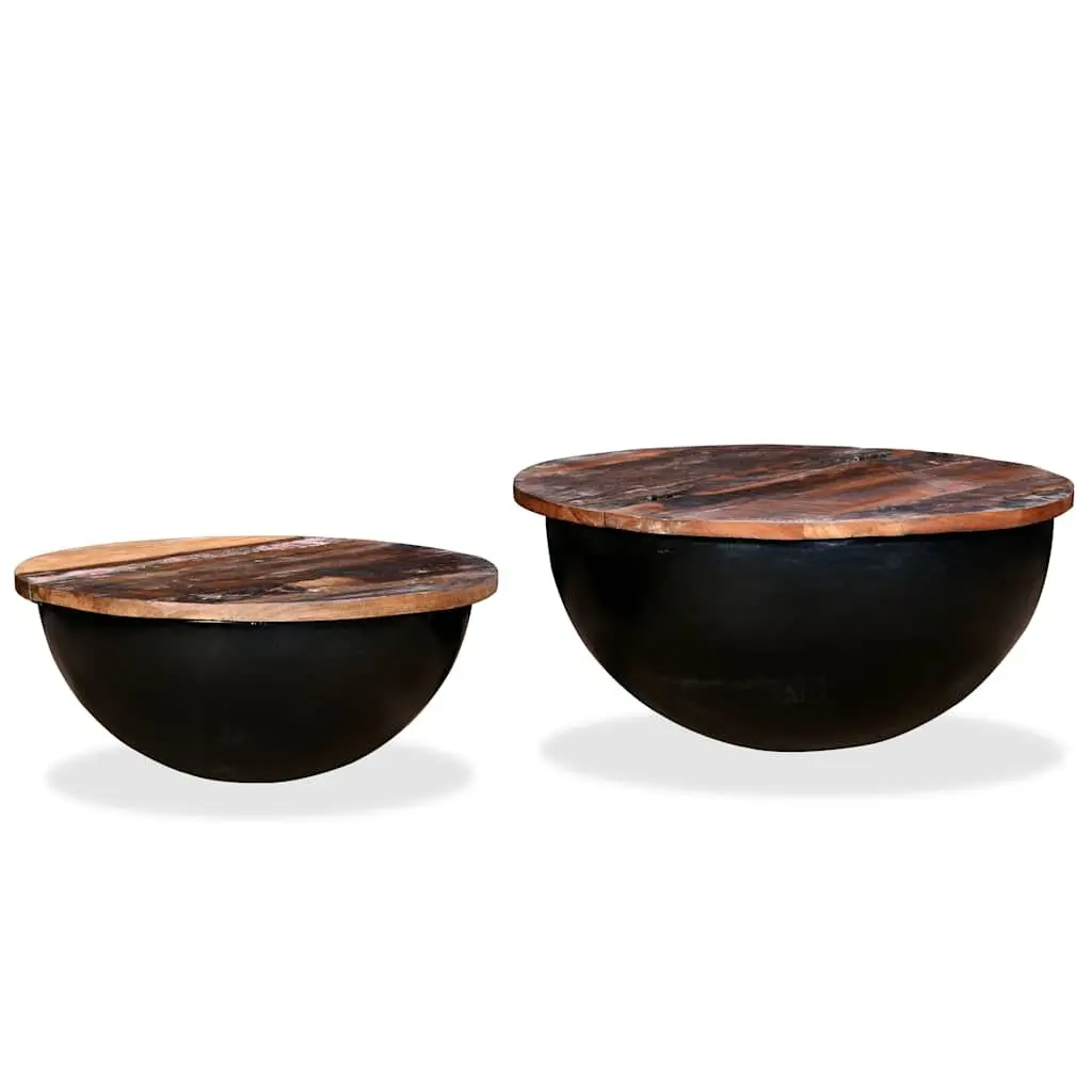 Coffee Table Set 2 Pieces Black Industrial Bowl Shape Solid Reclaimed Wood