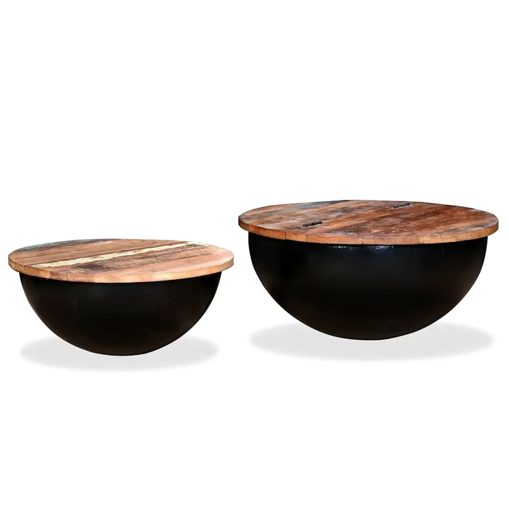 Coffee Table Set 2 Pieces Black Industrial Bowl Shape Solid Reclaimed Wood
