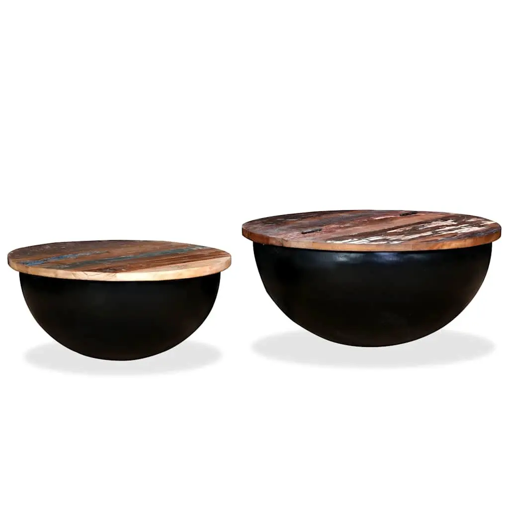 Coffee Table Set 2 Pieces Black Industrial Bowl Shape Solid Reclaimed Wood