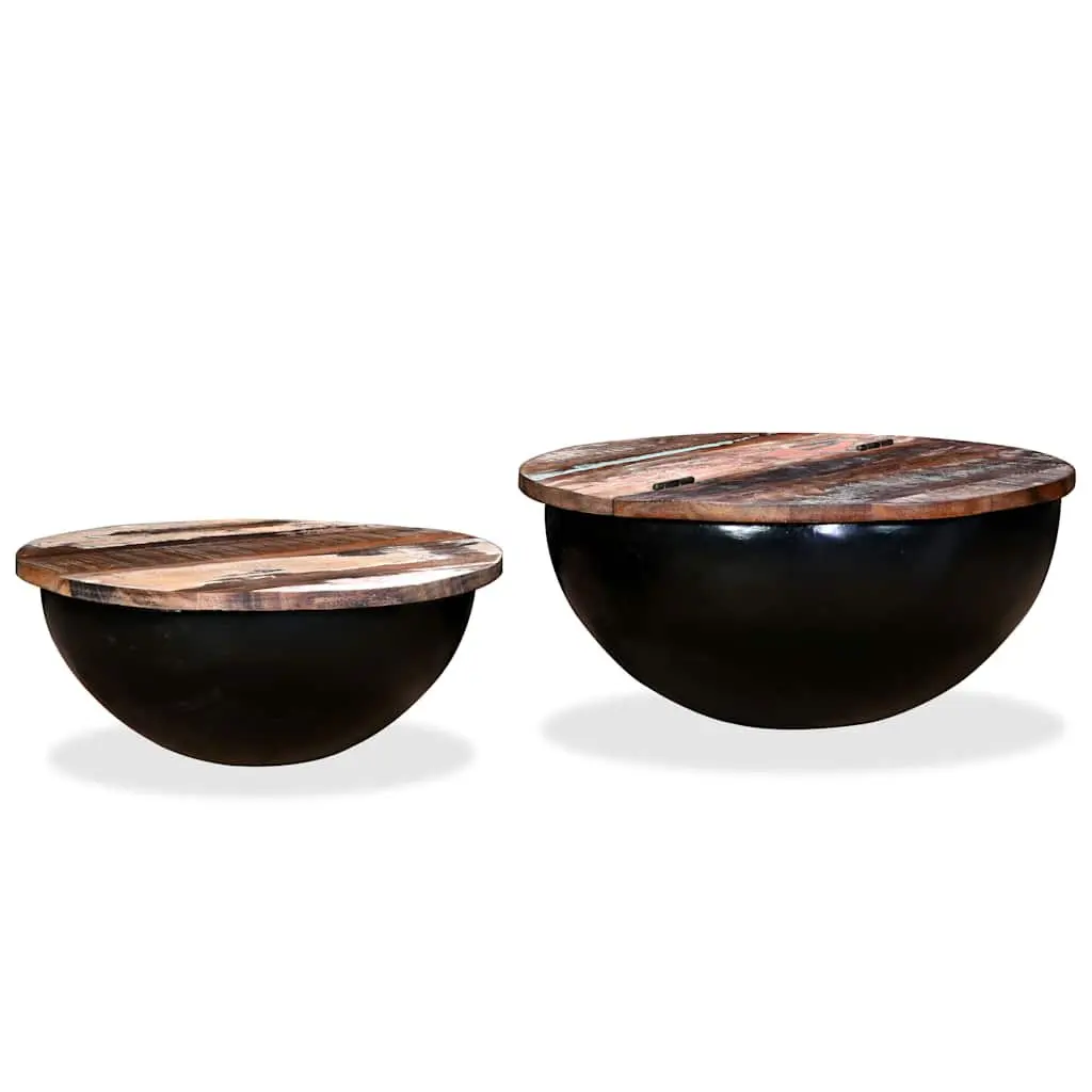 Coffee Table Set 2 Pieces Black Industrial Bowl Shape Solid Reclaimed Wood