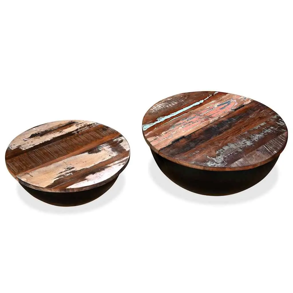 Coffee Table Set 2 Pieces Black Industrial Bowl Shape Solid Reclaimed Wood