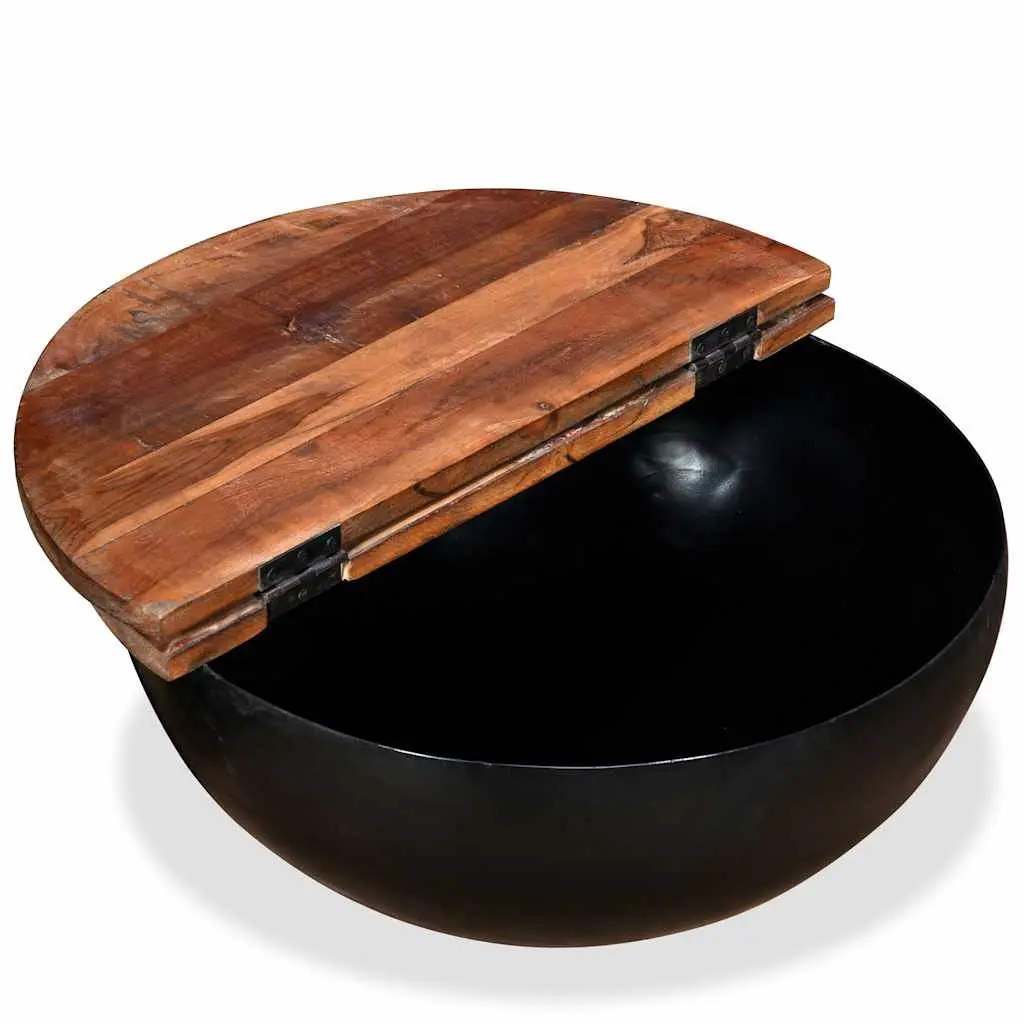 Coffee Table Set 2 Pieces Black Industrial Bowl Shape Solid Reclaimed Wood