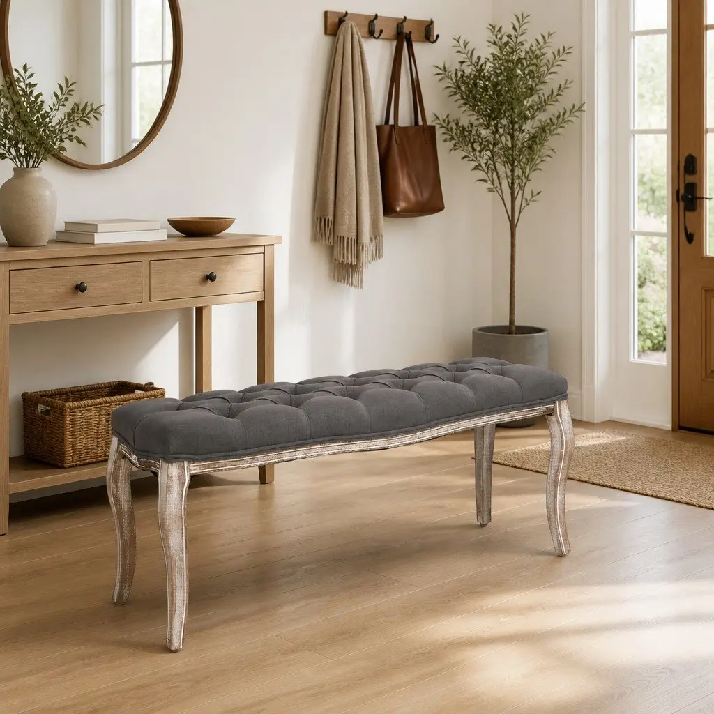 Grey Linen Padded Storage Bench with Solid Wood Frame