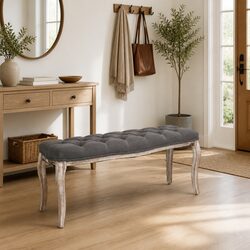 Grey Linen Padded Storage Bench with Solid Wood Frame
