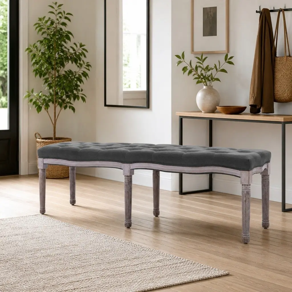 Grey Linen Upholstered Storage Bench for Entryways