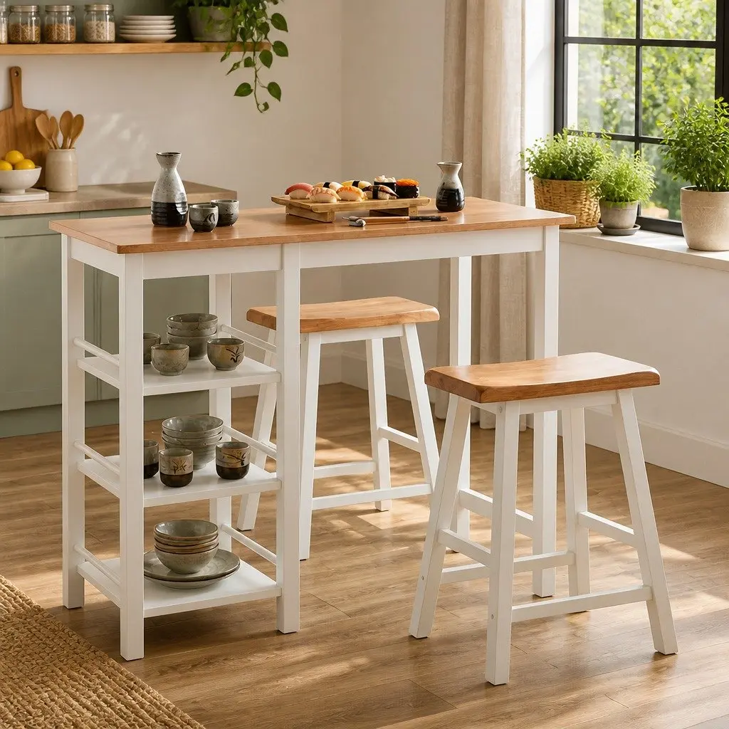 Bar Set White 3 Pieces MDF Rubberwood Kitchen Dining Room Furniture with Storage
