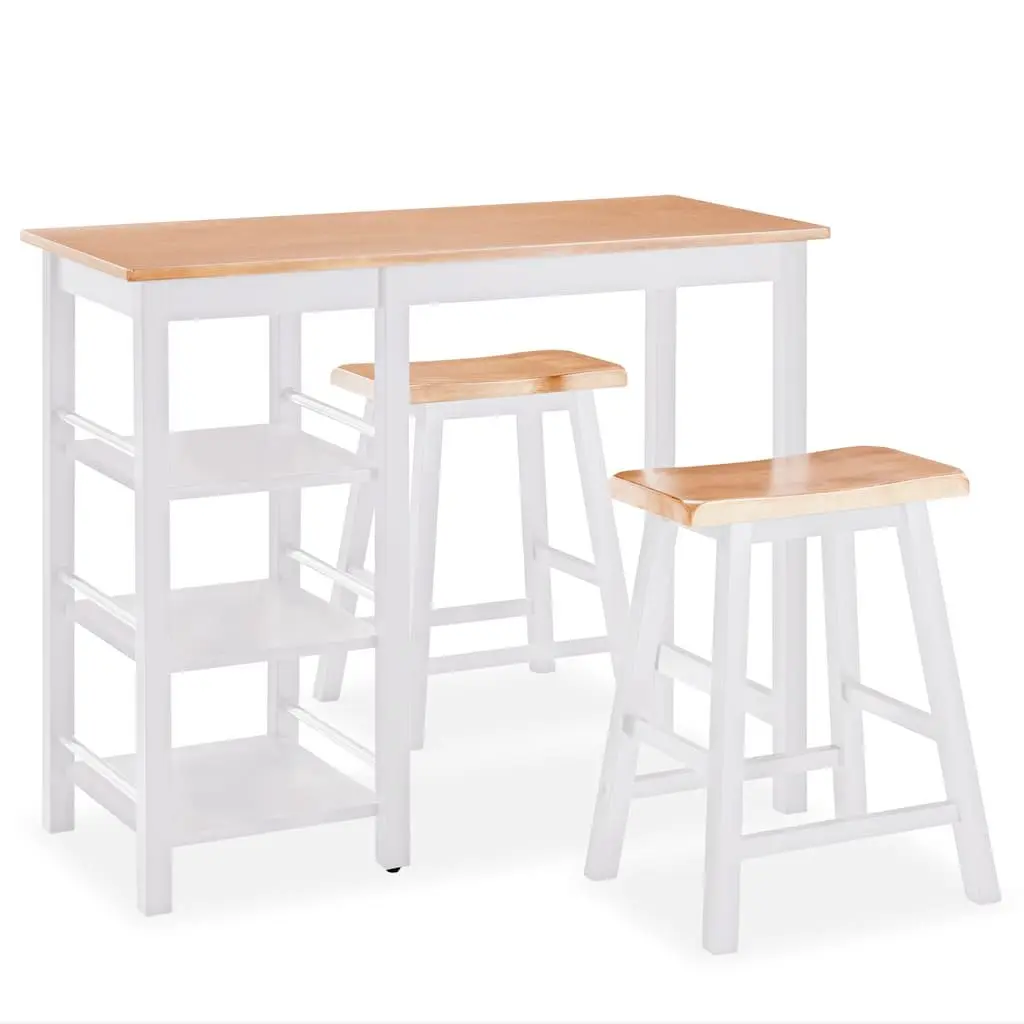 Bar Set White 3 Pieces MDF Rubberwood Kitchen Dining Room Furniture with Storage