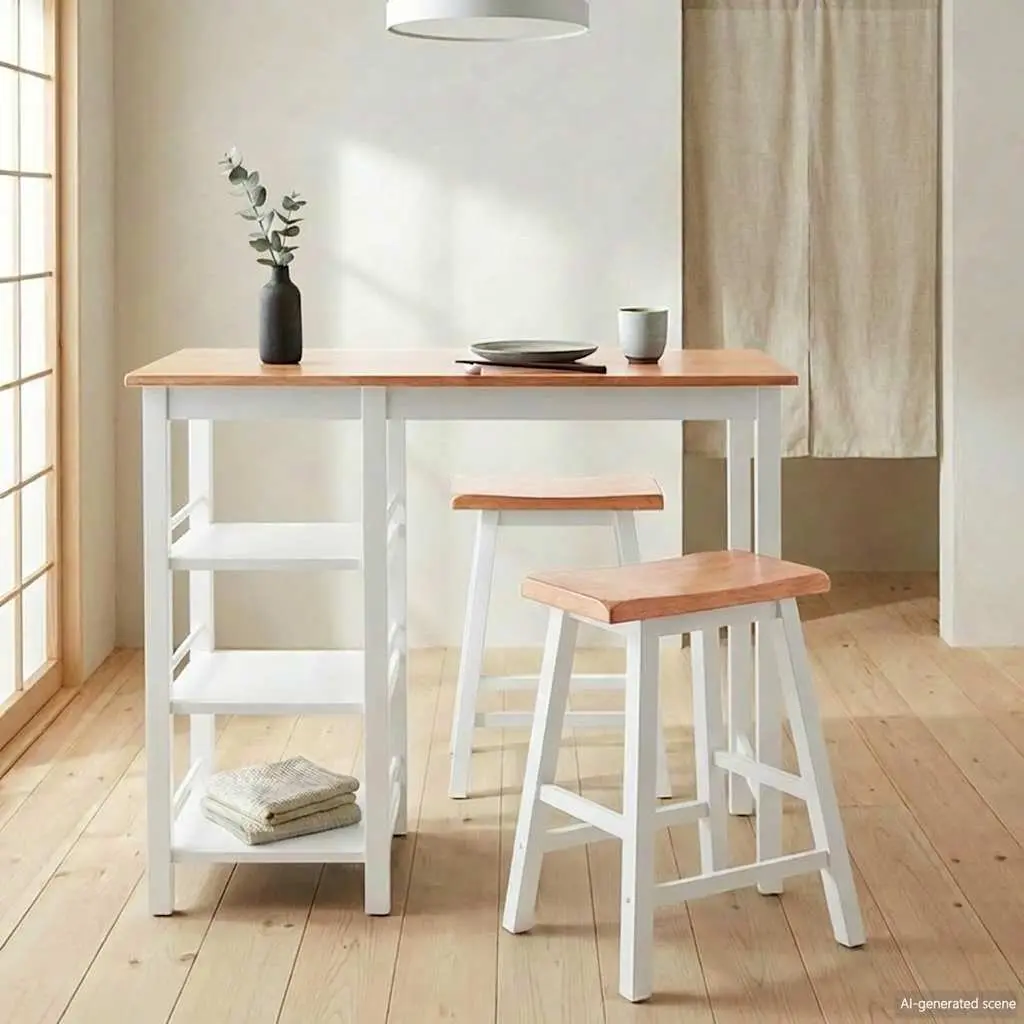 Bar Set White 3 Pieces MDF Rubberwood Kitchen Dining Room Furniture with Storage
