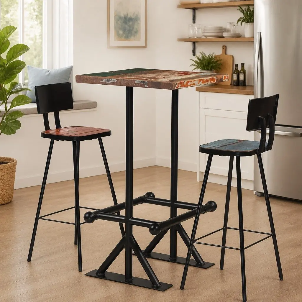 3 Piece Bar Set Industrial Retro Reclaimed Wood Table and Chairs