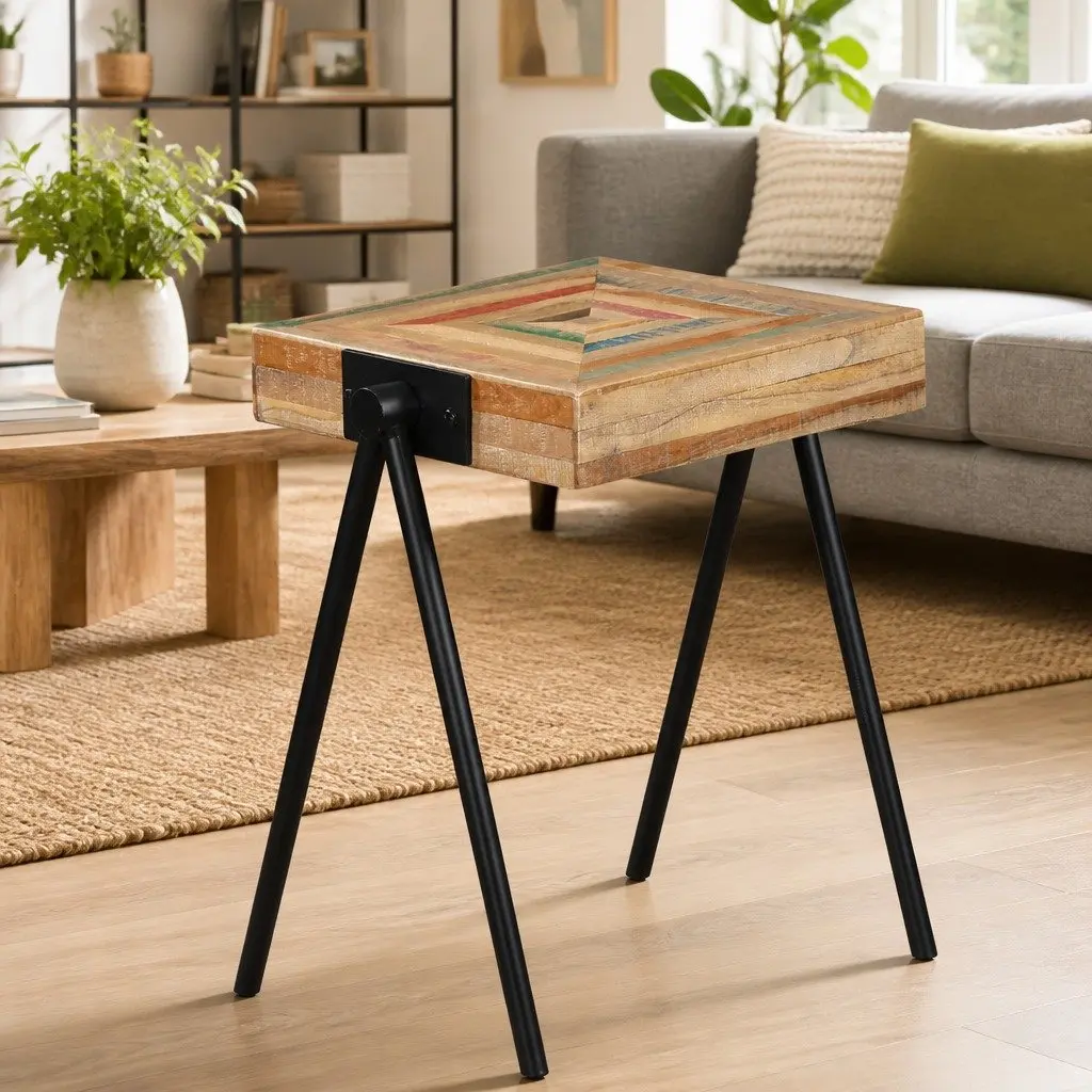Reclaimed Solid Wood End Table with Steel Legs