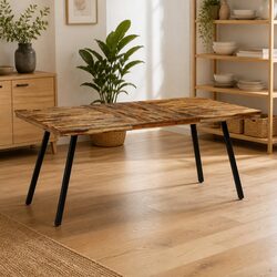 Reclaimed Teak and Steel Dining Table for Cozy Spaces