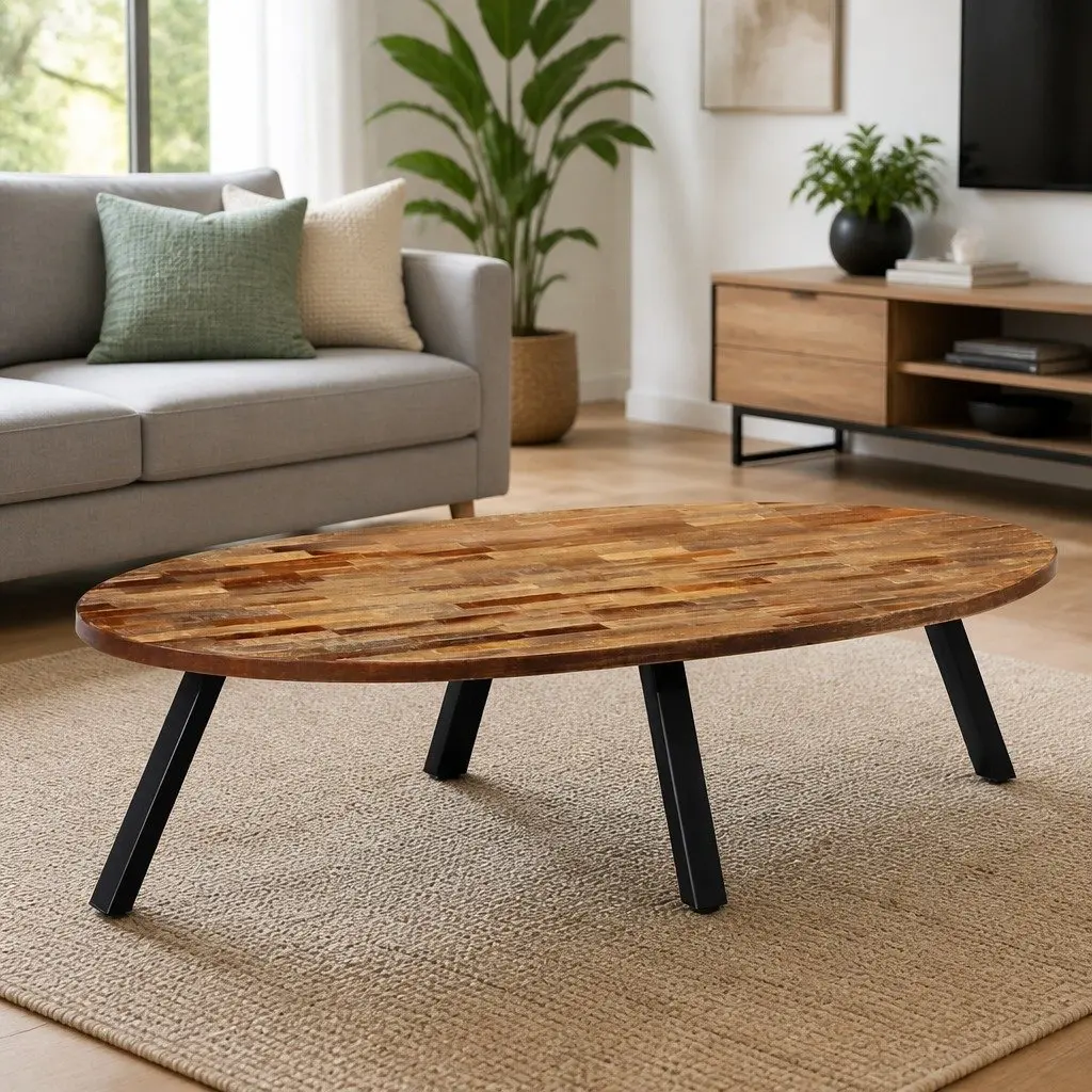 Oval Coffee Table Reclaimed Teak Solid Wooden Living Room Accent Furniture