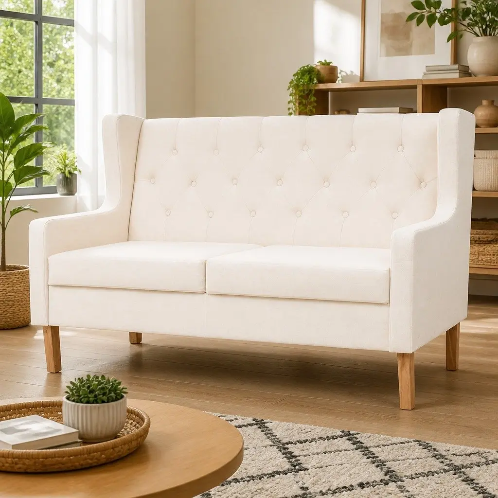 2-Seater Sofa Cream White Upholstered Foam Padded Solid Wooden Frame