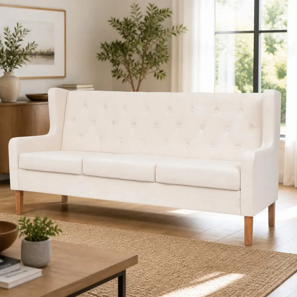3-Seater Sofa White Fabric Living Room Couch Upholstered Polyester Foam Padding Solid Wood Frame