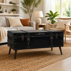 Vintage Trunk-Design Black Coffee Table with Storage
