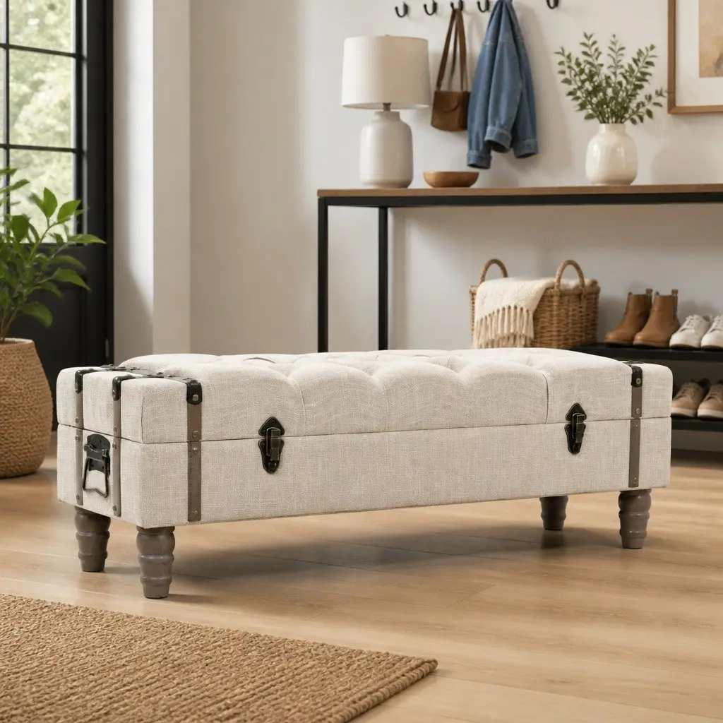 Storage Bench Vintage Style 111 x 34 x 37 cm Solid Fir Wood Padded Seat Steel Frame