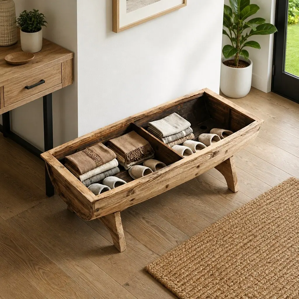 Storage Bench Rustic Barrel Shape 103x51x44 cm Solid Wood Fabric Seat