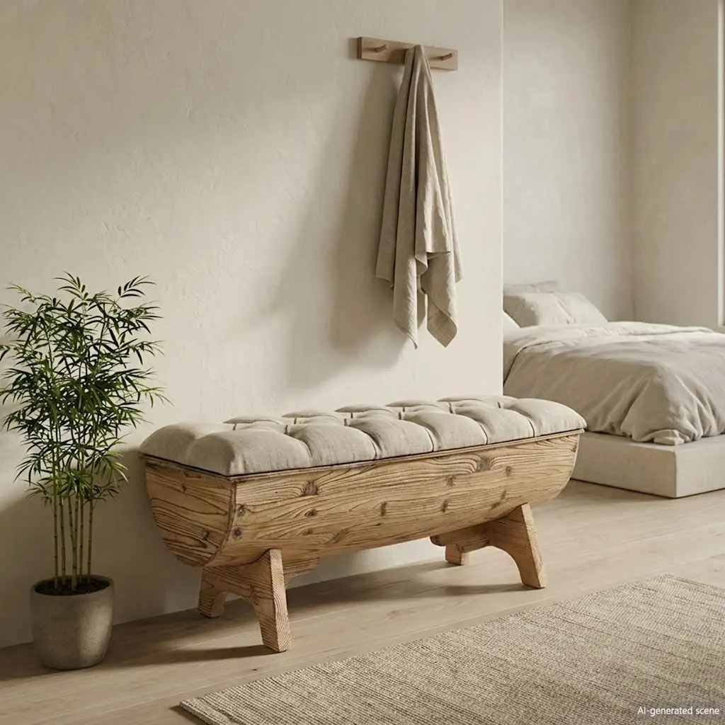 Storage Bench Rustic Barrel Shape 103x51x44 cm Solid Wood Fabric Seat