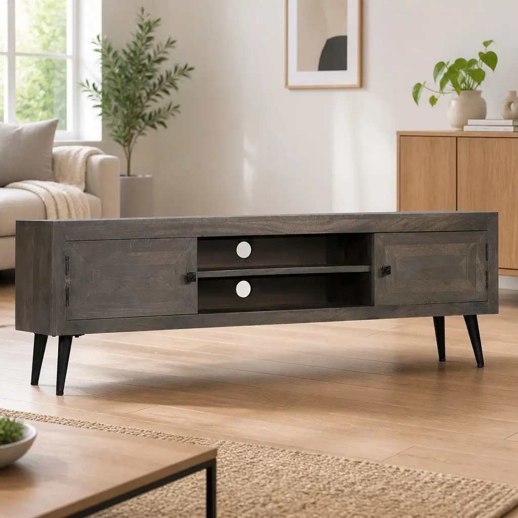 TV Cabinet Retro Industrial Style 140cm Solid Mango Wood with Steel Legs Grey