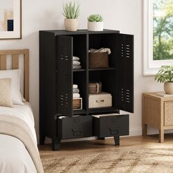 Industrial-Style Metal Wardrobe with 2 Drawers and Shelves