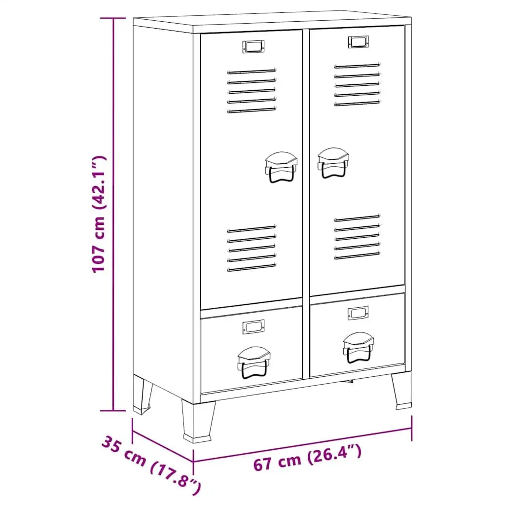 Industrial Metal Wardrobe Cabinet Black 67cm W x 35cm D x 107cm H Sheet Metal 2 Drawers 2 Adjustable Shelves
